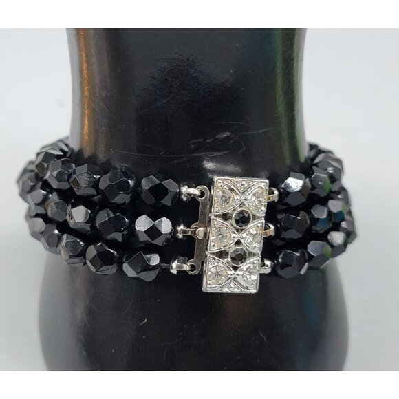 Fauceted Jet Bead Multistrand Bracelet Rhinestone Clasp Vintage 1930s Size 7.5